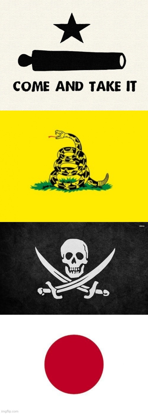 image tagged in come and take it -alamo,gadsden flag,pirate flag,japan | made w/ Imgflip meme maker