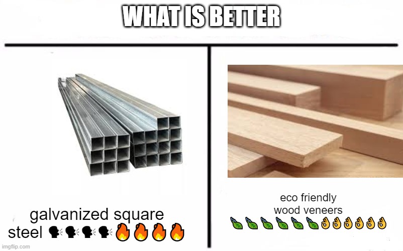 little john moment | WHAT IS BETTER; eco friendly wood veneers 🍃🍃🍃🍃🍃🍃👌👌👌👌👌👌; galvanized square steel 🗣🗣🗣🗣🔥🔥🔥🔥 | image tagged in who would win blank | made w/ Imgflip meme maker