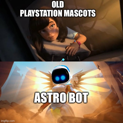 Astro bot could be supporting the PlayStation mascots | OLD PLAYSTATION MASCOTS; ASTRO BOT | image tagged in savior mercy,astro bot,playstation | made w/ Imgflip meme maker