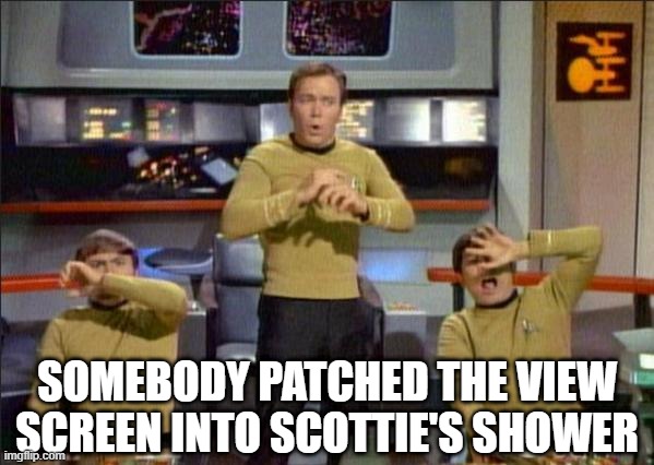 Peeping View Screen | SOMEBODY PATCHED THE VIEW SCREEN INTO SCOTTIE'S SHOWER | image tagged in star trek gasp | made w/ Imgflip meme maker