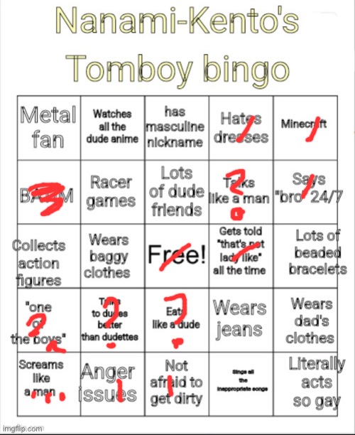 Talks like a man and shit….we get it bro you tryna seem more masculine than others,no offense =) | image tagged in nanami-kento's tomboy bingo | made w/ Imgflip meme maker