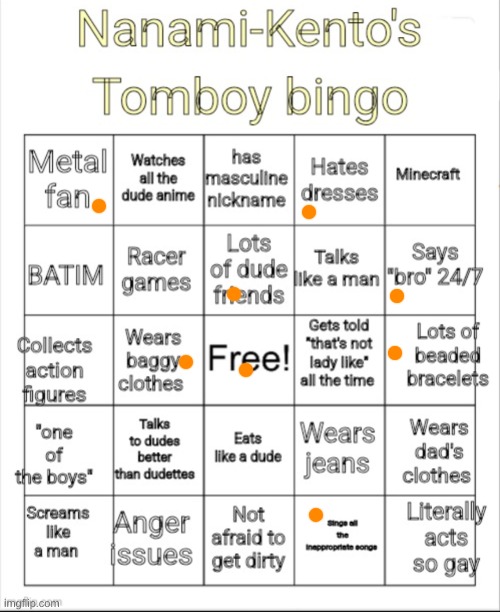 oml all of this is about being a like a guy | image tagged in nanami-kento's tomboy bingo | made w/ Imgflip meme maker