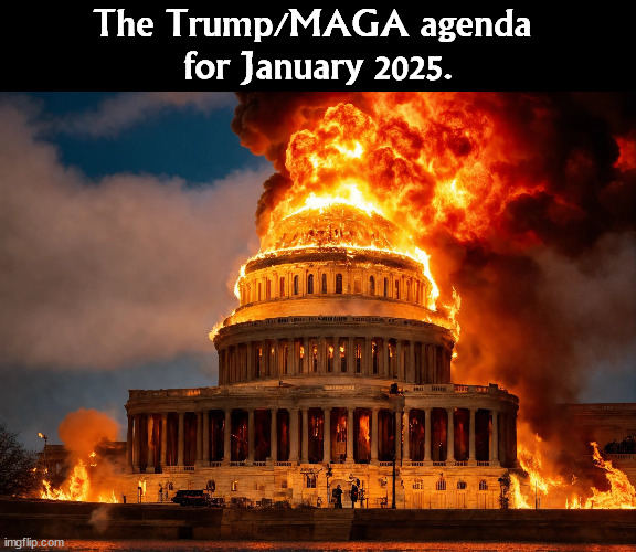 The Trump/MAGA agenda 
for January 2025. | image tagged in trump,maga,sore loser,anarchy,chaos,arson | made w/ Imgflip meme maker