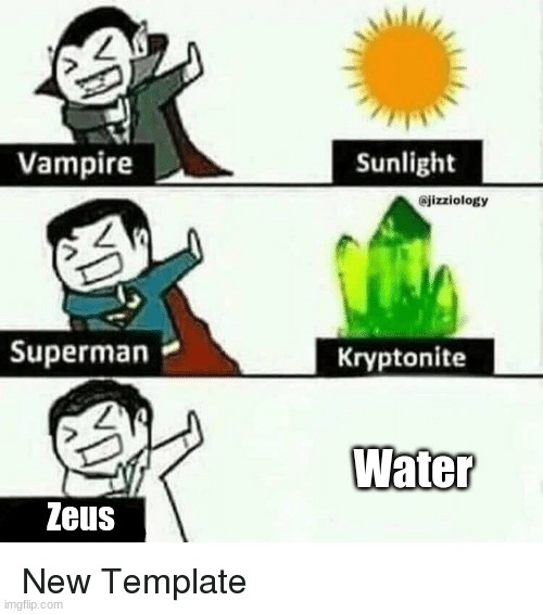 This is not a Percy Jackson meme | Water; Zeus | image tagged in vampire superman meme,zeus,water | made w/ Imgflip meme maker