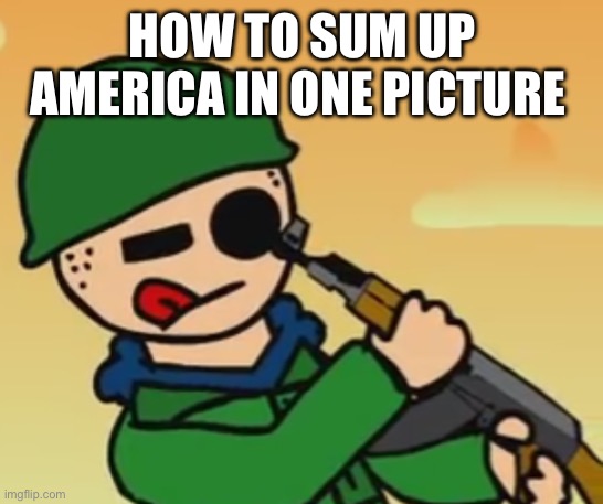 haha | HOW TO SUM UP AMERICA IN ONE PICTURE | image tagged in tom points shotgun into his eye | made w/ Imgflip meme maker