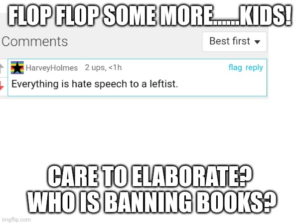 Idiots thinking any speech is free speech....confusing matters with what is really happening.... | FLOP FLOP SOME MORE......KIDS! CARE TO ELABORATE?  WHO IS BANNING BOOKS? | made w/ Imgflip meme maker