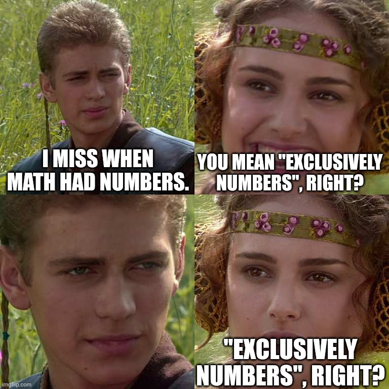 Anakin Padme 4 Panel | I MISS WHEN MATH HAD NUMBERS. YOU MEAN "EXCLUSIVELY NUMBERS", RIGHT? "EXCLUSIVELY NUMBERS", RIGHT? | image tagged in anakin padme 4 panel | made w/ Imgflip meme maker