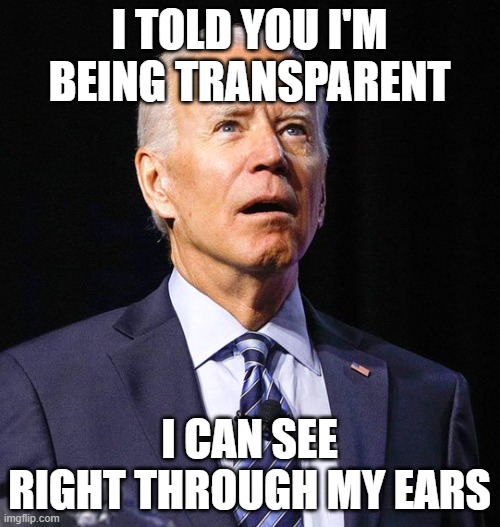 Joe Biden | I TOLD YOU I'M BEING TRANSPARENT I CAN SEE RIGHT THROUGH MY EARS | image tagged in joe biden | made w/ Imgflip meme maker