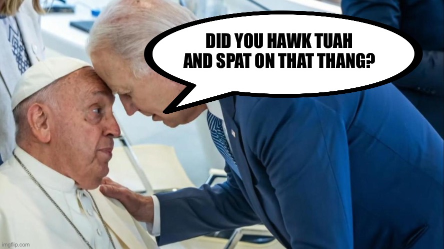 Hawk Tuah | DID YOU HAWK TUAH AND SPAT ON THAT THANG? | image tagged in biden and the pope,hawk tuah,funny memes | made w/ Imgflip meme maker