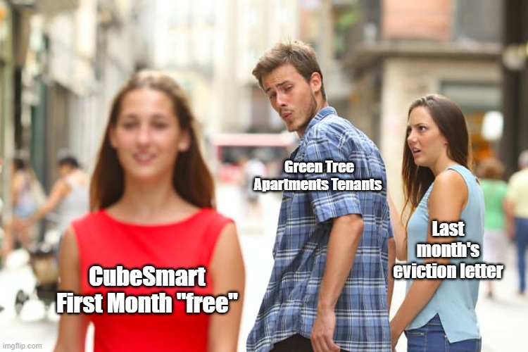 Self Storage | Green Tree Apartments Tenants; Last month's eviction letter; CubeSmart First Month "free" | image tagged in memes,distracted boyfriend | made w/ Imgflip meme maker