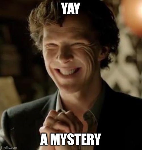 Sherlock | YAY A MYSTERY | image tagged in sherlock | made w/ Imgflip meme maker