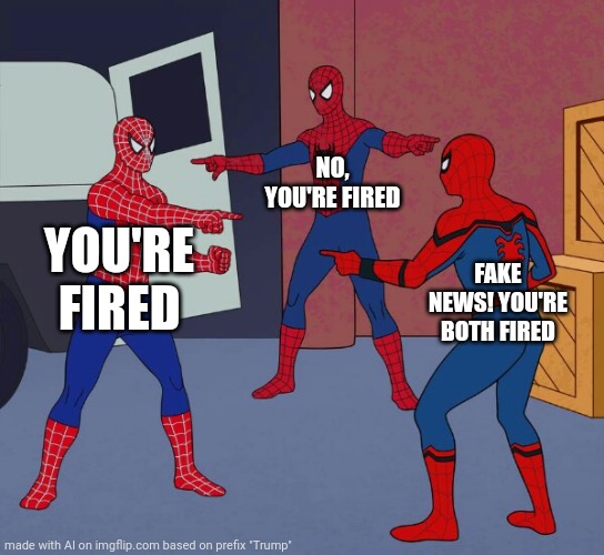 Spider Man Triple | NO, YOU'RE FIRED; YOU'RE FIRED; FAKE NEWS! YOU'RE BOTH FIRED | image tagged in spider man triple | made w/ Imgflip meme maker