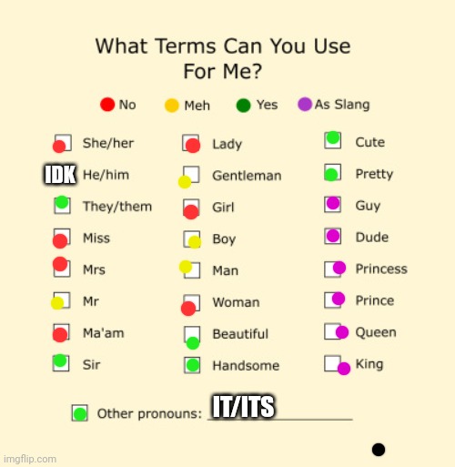 :3 | IDK; IT/ITS | image tagged in pronouns sheet | made w/ Imgflip meme maker