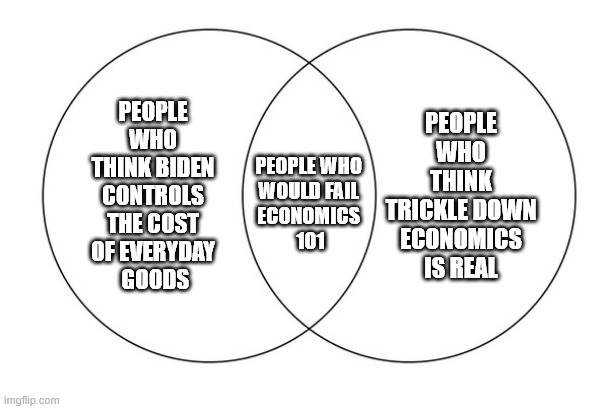 venn diagram | PEOPLE WHO THINK BIDEN CONTROLS THE COST OF EVERYDAY
 GOODS; PEOPLE WHO THINK TRICKLE DOWN ECONOMICS IS REAL; PEOPLE WHO 
WOULD FAIL 
ECONOMICS 
101 | image tagged in venn diagram,republicans,scumbag republicans,clown car republicans,i'm surrounded by idiots | made w/ Imgflip meme maker