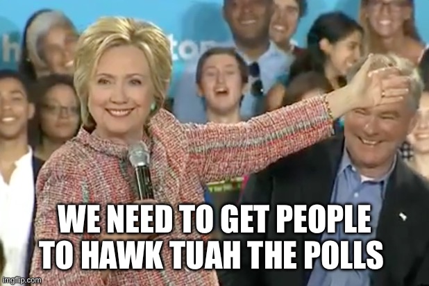 Hawk Tuah the Polls | WE NEED TO GET PEOPLE TO HAWK TUAH THE POLLS | image tagged in hillary clinton pokemon go to the polls,hawk tuah,politics | made w/ Imgflip meme maker