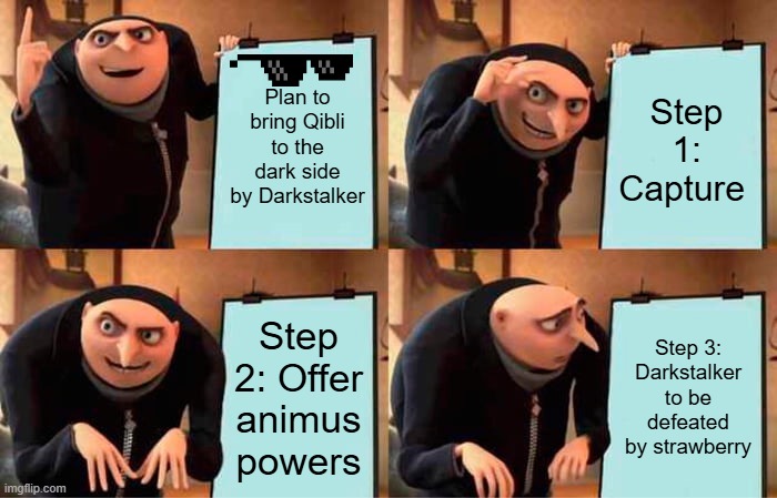 Darstalker's plan | Plan to bring Qibli to the dark side by Darkstalker; Step 1: Capture; Step 2: Offer animus powers; Step 3: Darkstalker to be defeated by strawberry | image tagged in memes,gru's plan | made w/ Imgflip meme maker