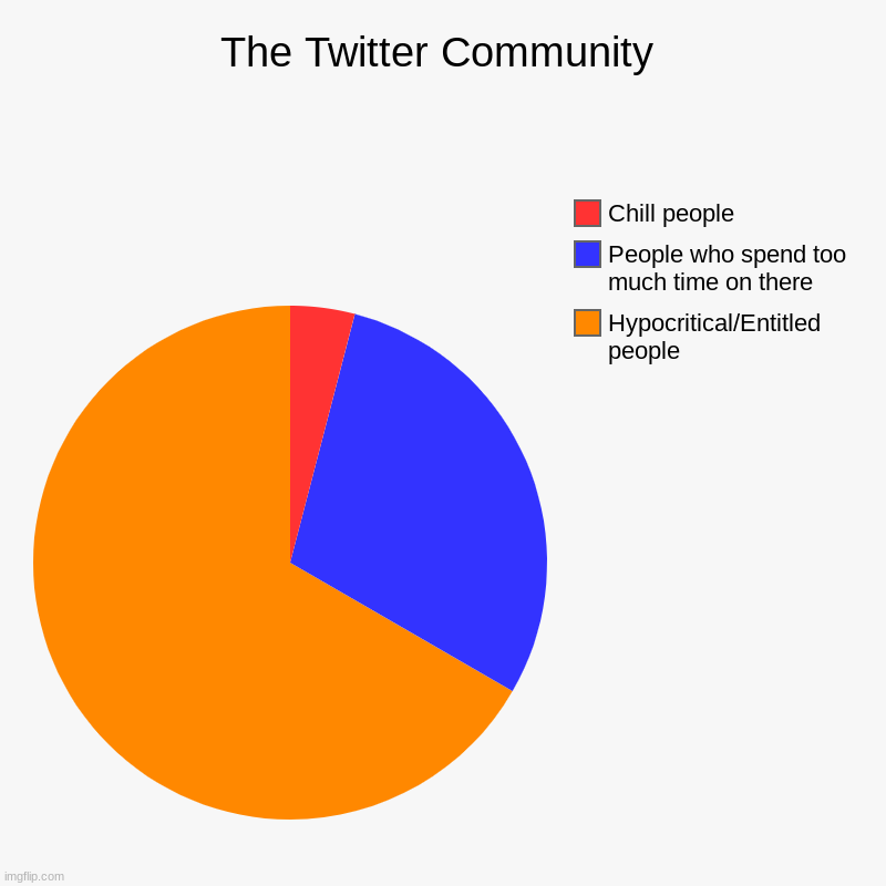 I don't go on there often though, so I don't know too much | The Twitter Community | Hypocritical/Entitled people, People who spend too much time on there, Chill people | image tagged in charts,pie charts | made w/ Imgflip chart maker