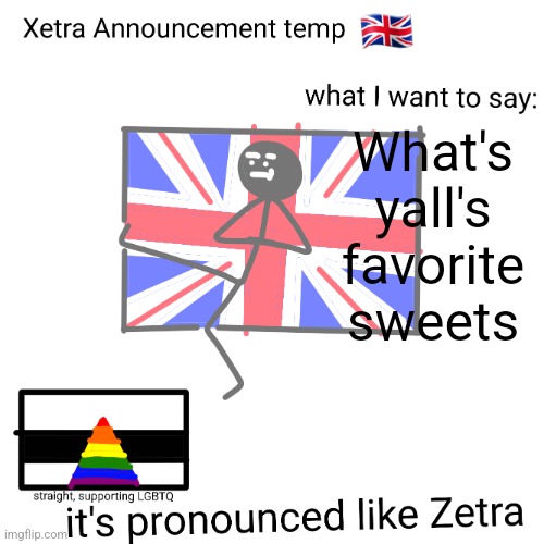 Xetra announcement temp | What's yall's favorite sweets | image tagged in xetra announcement temp | made w/ Imgflip meme maker
