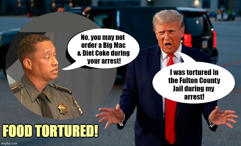 Trump claims he was 'TORTURED' in the Fulton County Jail during his arrest | No, you may not 
order a Big Mac
& Diet Coke during
 your arrest! I was tortured in
the Fulton County
Jail during my 
arrest! FOOD TORTURED! | image tagged in donald trump,arrested,torture,jail,big mac,diet coke | made w/ Imgflip meme maker