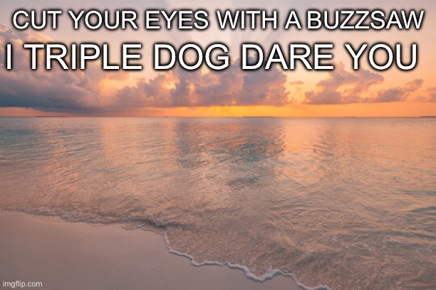 Absurdism | I TRIPLE DOG DARE YOU; CUT YOUR EYES WITH A BUZZSAW | image tagged in absurdism | made w/ Imgflip meme maker