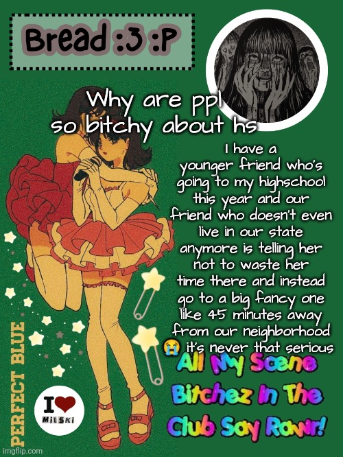 Tbh this friend is just bitchy tho | I have a younger friend who's going to my highschool this year and our friend who doesn't even live in our state anymore is telling her not to waste her time there and instead go to a big fancy one like 45 minutes away from our neighborhood 😭 it's never that serious; Why are ppl so bitchy about hs | image tagged in new bread 2024 temp 33 | made w/ Imgflip meme maker