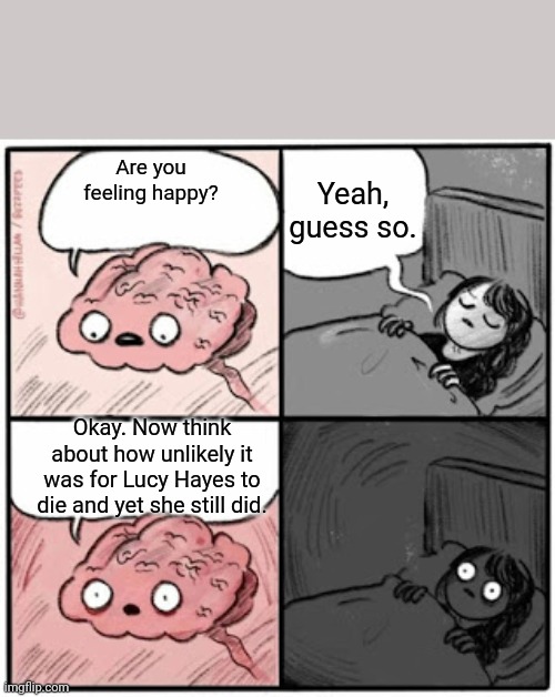 True story | Yeah, guess so. Are you feeling happy? Okay. Now think about how unlikely it was for Lucy Hayes to die and yet she still did. | image tagged in brain before sleep | made w/ Imgflip meme maker