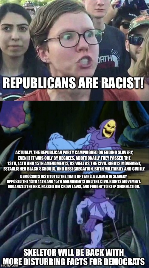 REPUBLICANS ARE RACIST! ACTUALLY, THE REPUBLICAN PARTY CAMPAIGNED ON ENDING SLAVERY, EVEN IF IT WAS ONLY BY DEGREES. ADDITIONALLY THEY PASSED THE 13TH, 14TH AND 15TH AMENDMENTS, AS WELL AS THE CIVIL RIGHTS MOVEMENT, ESTABLISHED BLACK SCHOOLS, AND DESEGREGATION, BOTH MILITARILY AND CIVILLY. DEMOCRATS INSTITUTED THE TRAIL OF TEARS, BELIEVED IN SLAVERY, OPPOSED THE 13TH 14TH AND 15TH AMENDMENTS AND THE CIVIL RIGHTS MOVEMENT, ORGANIZED THE KKK, PASSED JIM CROW LAWS, AND FOUGHT TO KEEP SEGREGATION. SKELETOR WILL BE BACK WITH MORE DISTURBING FACTS FOR DEMOCRATS | image tagged in triggered liberal,skeletor disturbing facts | made w/ Imgflip meme maker