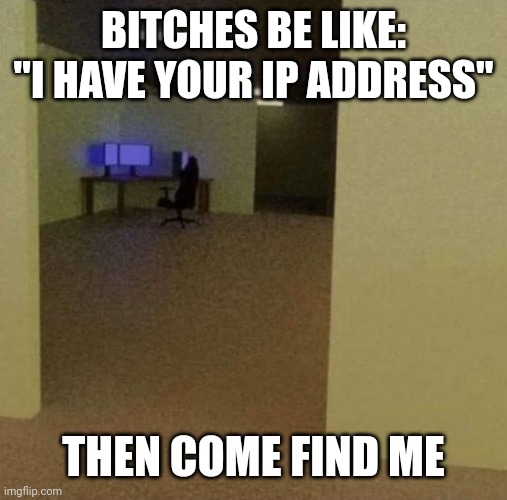 backrooms ip meme | BITCHES BE LIKE: "I HAVE YOUR IP ADDRESS"; THEN COME FIND ME | image tagged in backrooms ip meme | made w/ Imgflip meme maker