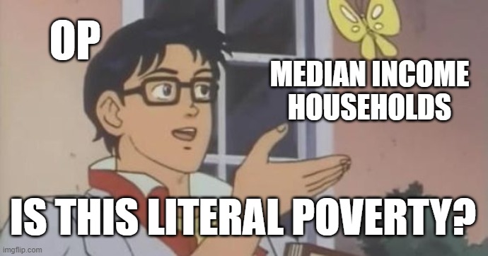 Is This a Pigeon | OP; MEDIAN INCOME HOUSEHOLDS; IS THIS LITERAL POVERTY? | image tagged in is this a pigeon | made w/ Imgflip meme maker