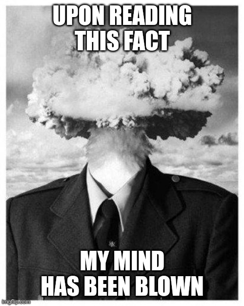 mind blown | UPON READING THIS FACT MY MIND HAS BEEN BLOWN | image tagged in mind blown | made w/ Imgflip meme maker