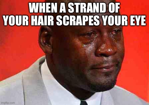 Why | WHEN A STRAND OF YOUR HAIR SCRAPES YOUR EYE | image tagged in crying michael jordan | made w/ Imgflip meme maker