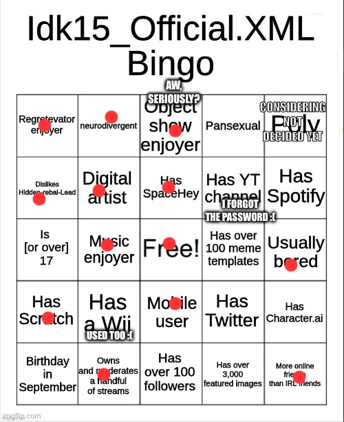 I do a little adding | AW, SERIOUSLY? CONSIDERING NOT DECIDED YET; I FORGOT THE PASSWORD :(; USED TOO :( | image tagged in idk15_official xml bingo | made w/ Imgflip meme maker