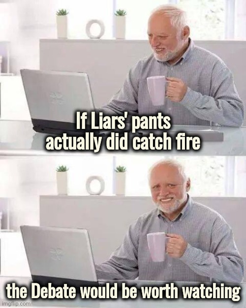 Totally Non - Partisan | If Liars' pants actually did catch fire; the Debate would be worth watching | image tagged in memes,hide the pain harold,truth,well yes but actually no,liar liar pants on fire,good wish bro | made w/ Imgflip meme maker