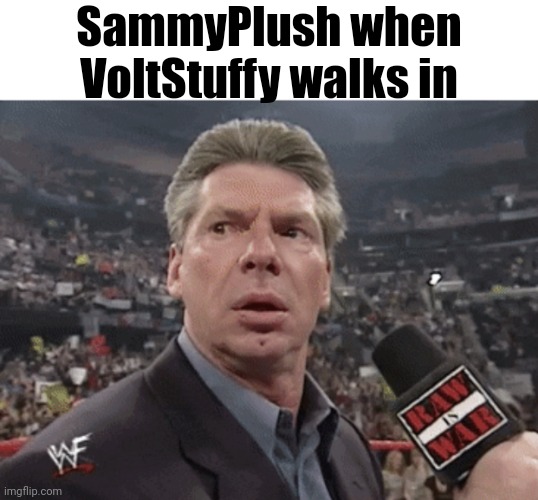 did anyone else call their plush toys stuffed or was it just me??????? | SammyPlush when VoltStuffy walks in | image tagged in x when y walks in | made w/ Imgflip meme maker
