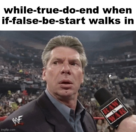 X when Y walks in | while-true-do-end when if-false-be-start walks in | image tagged in x when y walks in | made w/ Imgflip meme maker