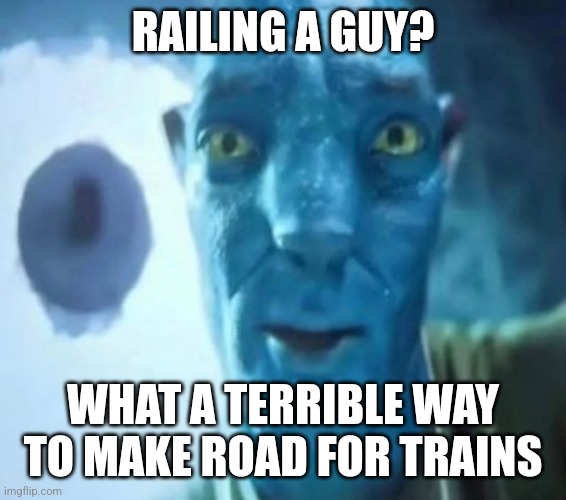 Avatar guy | RAILING A GUY? WHAT A TERRIBLE WAY TO MAKE ROAD FOR TRAINS | image tagged in avatar guy | made w/ Imgflip meme maker