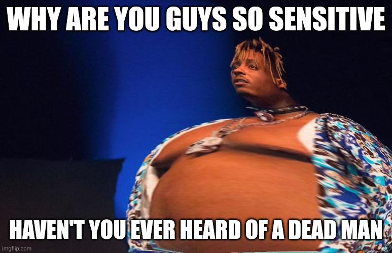 Bro ate a lot of dirt if you know you know | WHY ARE YOU GUYS SO SENSITIVE; HAVEN'T YOU EVER HEARD OF A DEAD MAN | image tagged in fat juice wrld | made w/ Imgflip meme maker