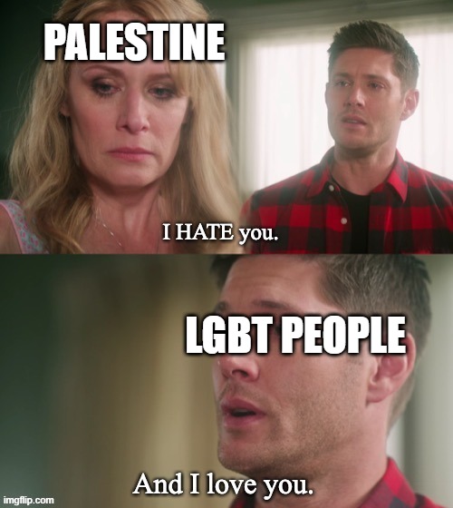 I Hate You and I Love You (with text) | PALESTINE; LGBT PEOPLE | image tagged in i hate you and i love you with text | made w/ Imgflip meme maker