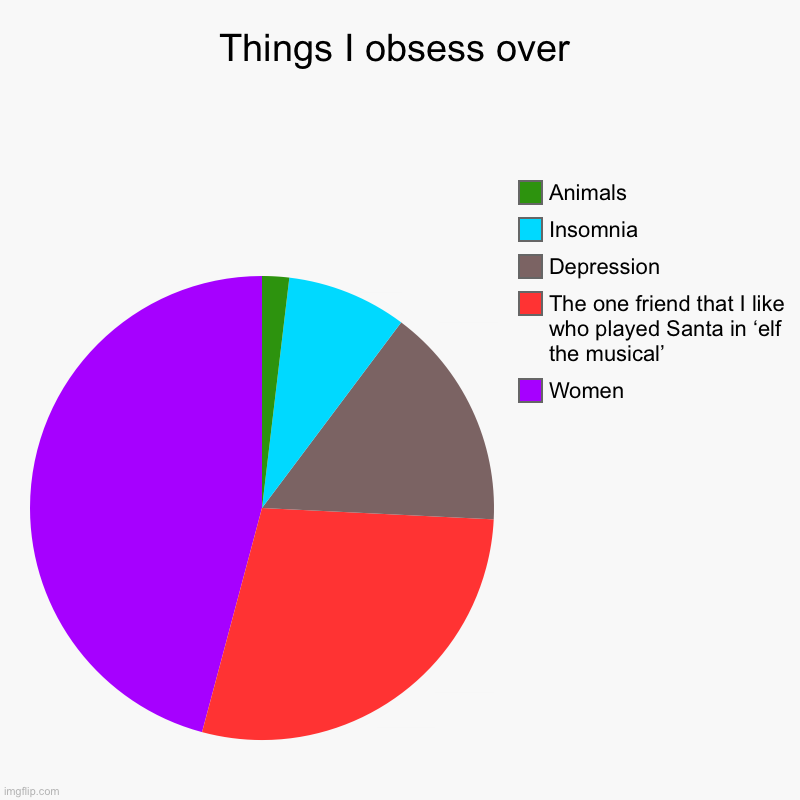 Stay safe | Things I obsess over | Women, The one friend that I like who played Santa in ‘elf the musical’, Depression , Insomnia, Animals | image tagged in charts,pie charts | made w/ Imgflip chart maker