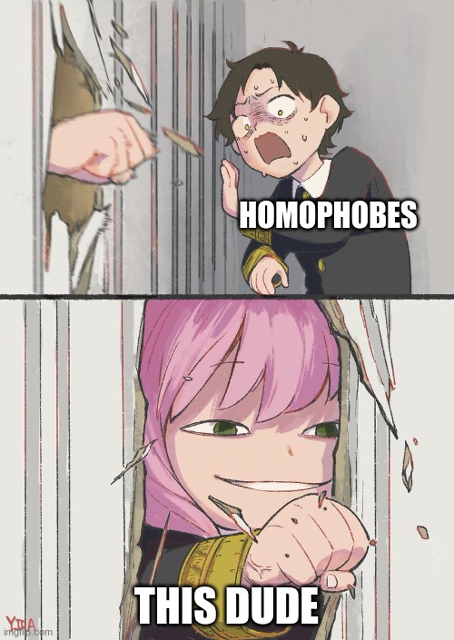 Anya Here's Johnny template | HOMOPHOBES THIS DUDE | image tagged in anya here's johnny template | made w/ Imgflip meme maker