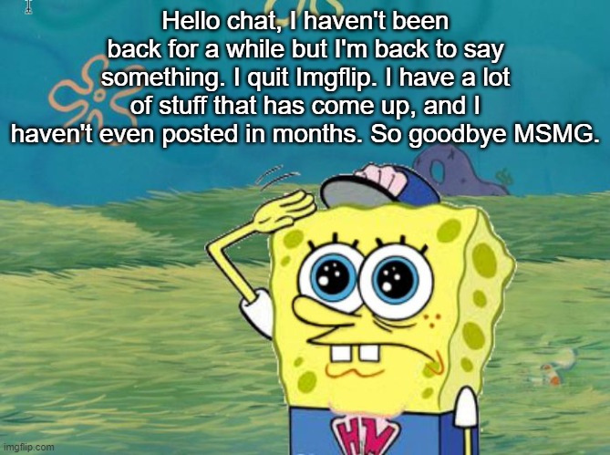 Spongebob salute | Hello chat, I haven't been back for a while but I'm back to say something. I quit Imgflip. I have a lot of stuff that has come up, and I haven't even posted in months. So goodbye MSMG. | image tagged in spongebob salute | made w/ Imgflip meme maker
