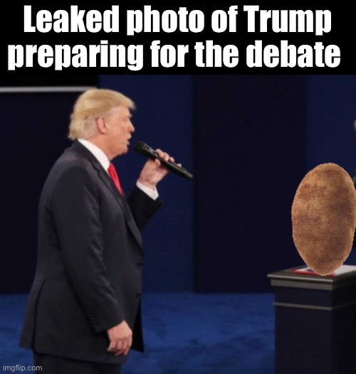 An insult to potatos | Leaked photo of Trump preparing for the debate | image tagged in politics lol,potato,biden,memes | made w/ Imgflip meme maker