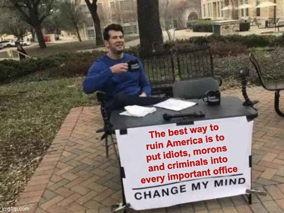 Change My Mind Meme | The best way to ruin America is to put idiots, morons and criminals into every important office | image tagged in memes,change my mind | made w/ Imgflip meme maker