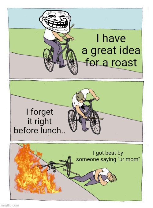 NOOOOO | I have a great idea for a roast; I forget it right before lunch.. I got beat by someone saying "ur mom" | image tagged in memes,bike fall | made w/ Imgflip meme maker