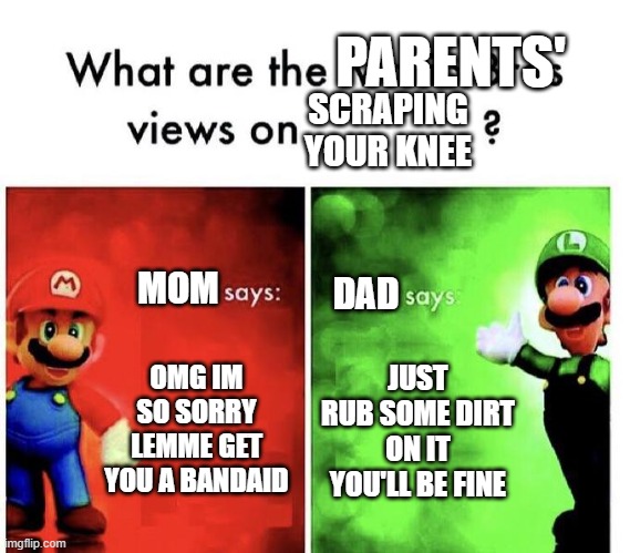 Mario Bros Views | PARENTS'; SCRAPING YOUR KNEE; MOM; DAD; OMG IM SO SORRY LEMME GET YOU A BANDAID; JUST RUB SOME DIRT ON IT YOU'LL BE FINE | image tagged in mario bros views | made w/ Imgflip meme maker