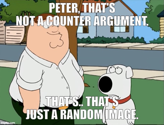 Peter that’s not a meme… | PETER, THAT'S NOT A COUNTER ARGUMENT. THAT'S.. THAT'S JUST A RANDOM IMAGE. | image tagged in peter that s not a meme | made w/ Imgflip meme maker