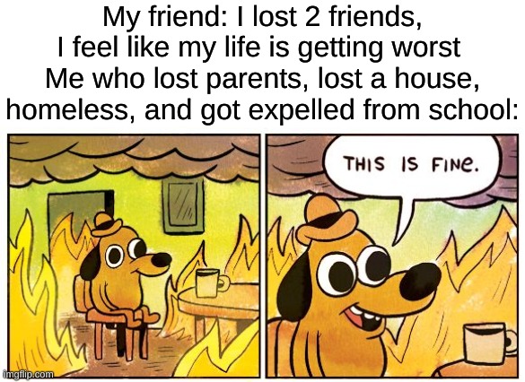 yeah, this is super fine, FINE | My friend: I lost 2 friends, I feel like my life is getting worst 
Me who lost parents, lost a house, homeless, and got expelled from school: | image tagged in memes,this is fine | made w/ Imgflip meme maker