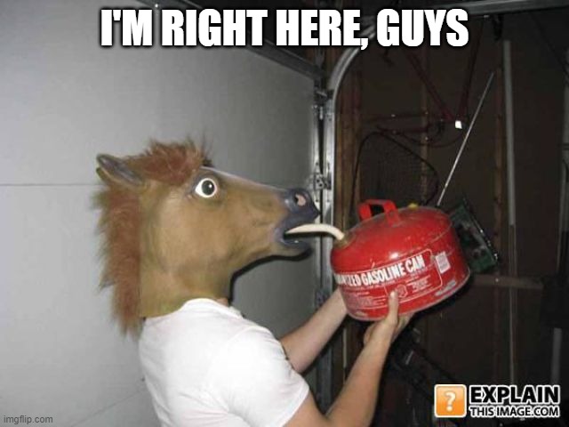 Horse guy drinks gas | I'M RIGHT HERE, GUYS | image tagged in horse guy drinks gas | made w/ Imgflip meme maker