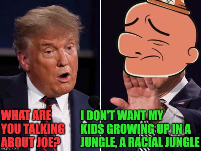 He's gonna sum it all up in one word: azulanabablleooonnnoooaadhdad | I DON'T WANT MY KIDS GROWING UP IN A JUNGLE, A RACIAL JUNGLE; WHAT ARE YOU TALKING ABOUT JOE? | image tagged in biden trump debate | made w/ Imgflip meme maker