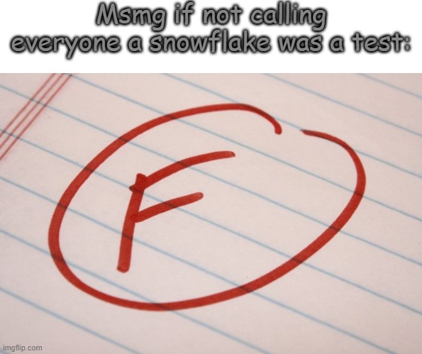 Msmg if not calling everyone a snowflake was a test: | image tagged in blank,f grade | made w/ Imgflip meme maker